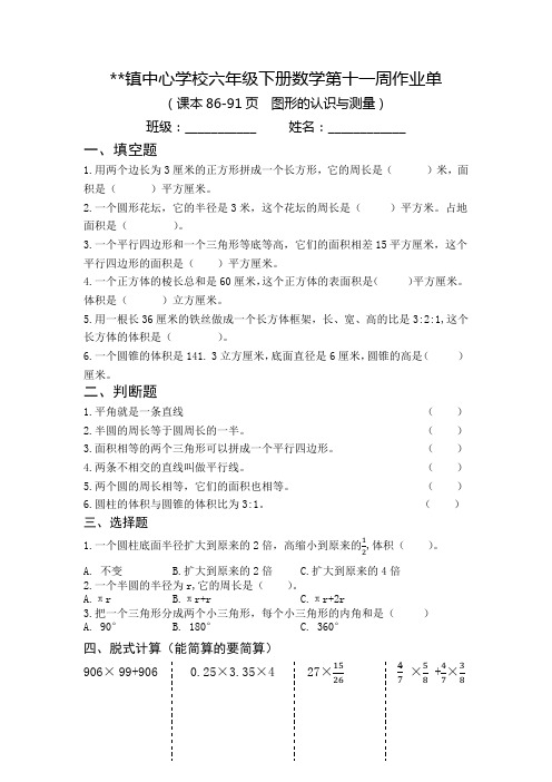 部编版数学六年级下册第十一周作业单