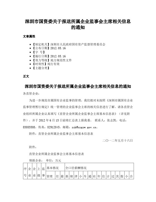 深圳市国资委关于报送所属企业监事会主席相关信息的通知