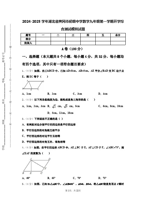 2024-2025学年湖北省黄冈市初级中学数学九年级第一学期开学综合测试模拟试题【含答案】