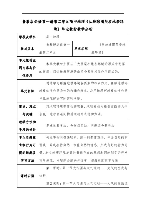 鲁教版必修第一册第二单元高中地理《从地球圈层看地表环境》单元教材教学分析