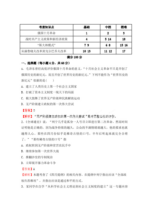 2013高考总复习闯关密训历史卷专题12俄国十月革命与苏联社会主义建设Word版含答案