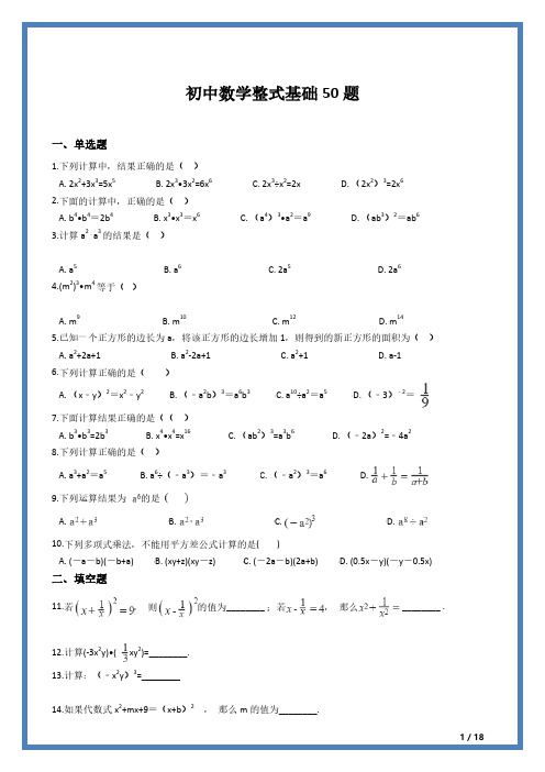 初中数学整式基础50题(题+解析)