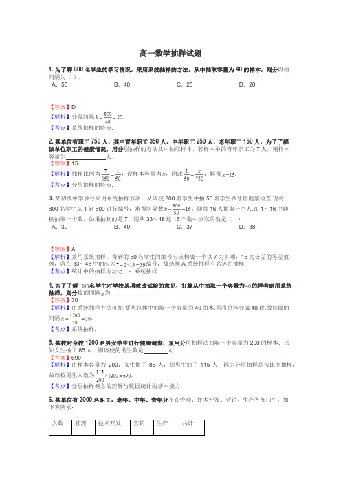 高一数学抽样试题
