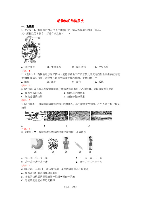 中考生物试题汇编：动物体的结构层次(含答案)