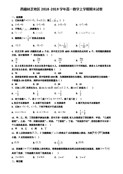 西藏林芝地区2018-2019学年高一数学上学期期末试卷