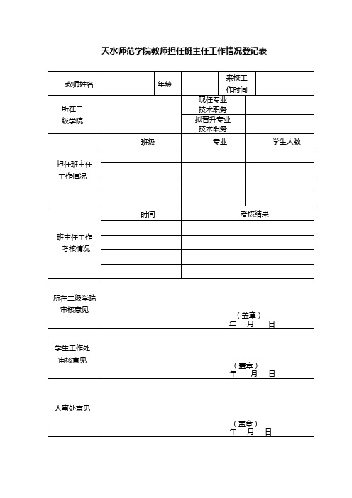 天水师范学院教师担任班主任工作情况登记表