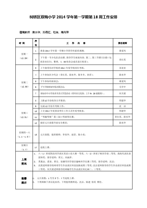 柯桥区双梅小学2014学年第一学期第18周工作安排