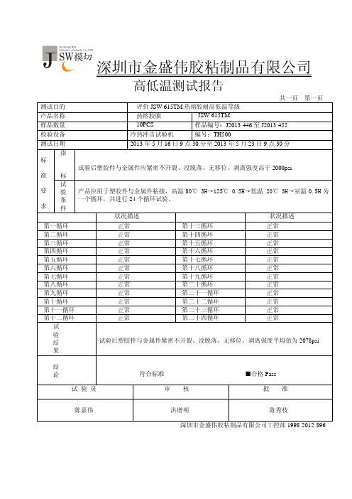 615热熔胶高低温测试报告