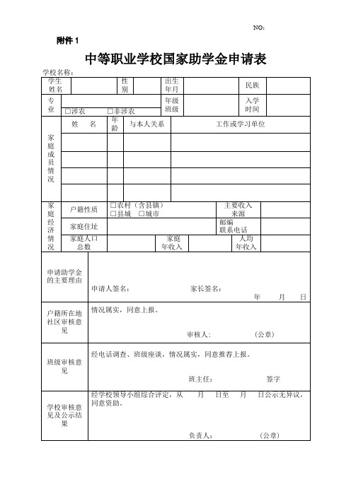 中等职业学校国家助学金申请表