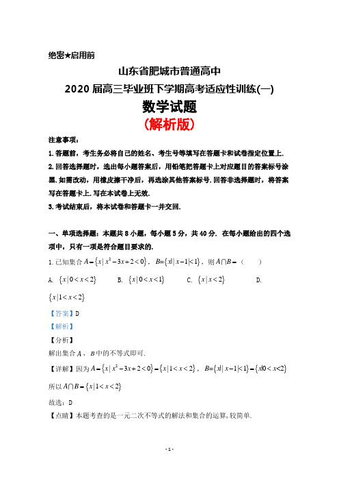 2020届山东省肥城市普通高中高三毕业班下学期高考适应性训练(一)数学试题(解析版)