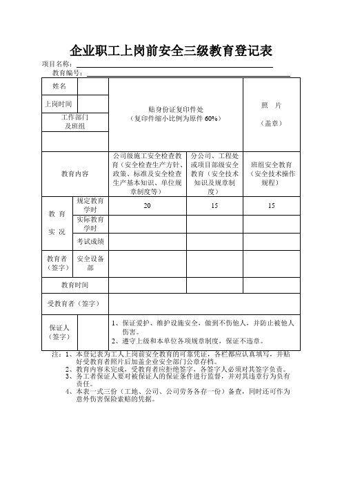 企业职工上岗前安全三级教育登记表