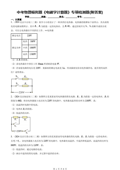 中考物理模拟题《电磁学计算题》专项检测题(附答案)