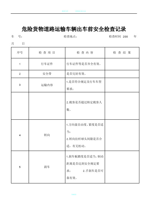 危险货物道路运输车辆出车前安全检查记录表