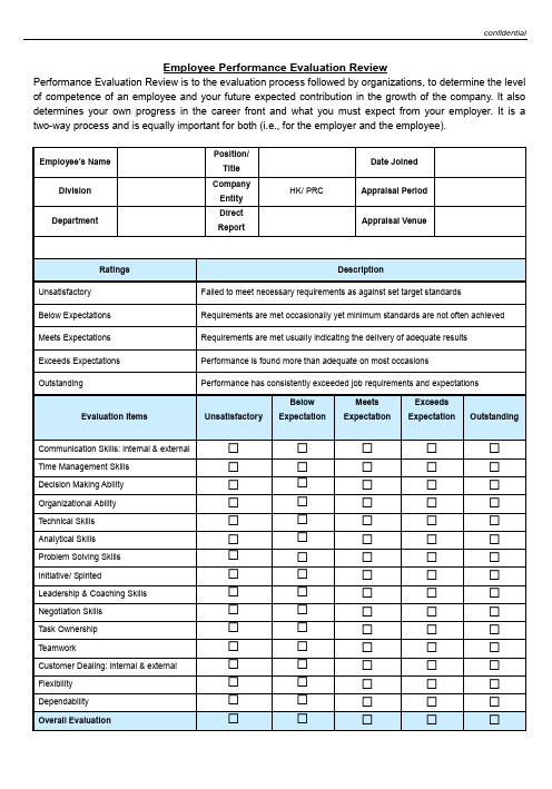 绩效考核表英文版