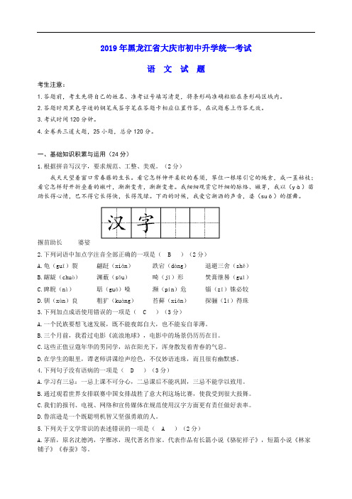 2019年黑龙江省大庆市中考语文试题(word版,含参考解析)