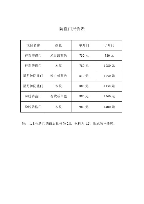 防盗门报价表