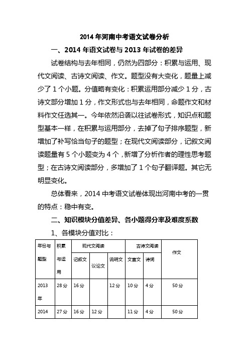 2014年河南中考语文试卷分析