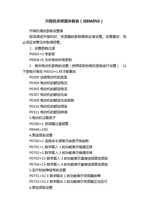 升降机变频器参数表（SIEMENS）