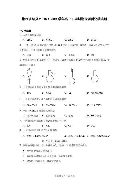 浙江省绍兴市2023-2024学年高一下学期期末调测化学试题