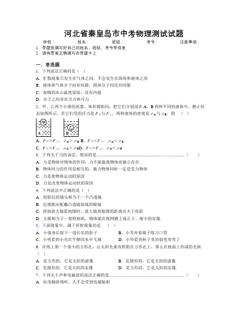 最新河北省秦皇岛市中考物理测试试题附解析