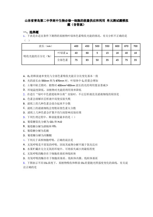 山东省青岛第二中学高中生物必修一细胞的能量供应和利用 单元测试题模拟题(含答案)