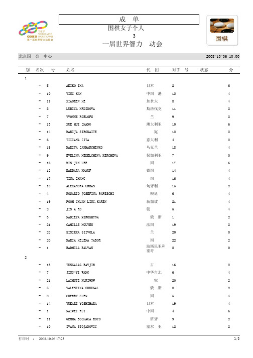 成绩单围棋女子个人赛预赛第3轮