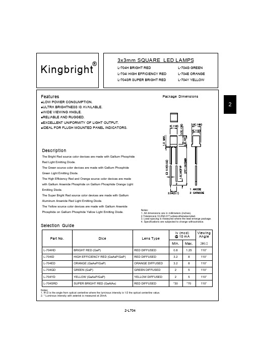 Kingbright 红色、绿色、橙色和黄色LED灯源设备说明书