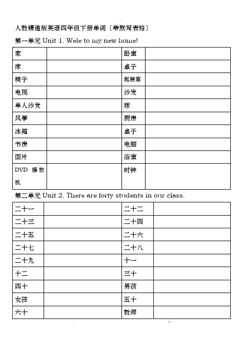 人教精通版小学英语四年级下册单词表带默写表格