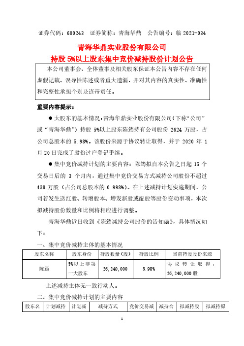 600243青海华鼎持股5%以上股东集中竞价减持股份计划公告