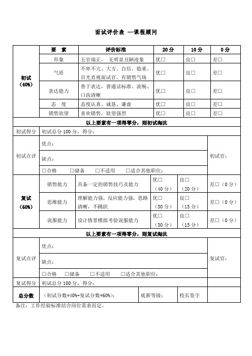 面试评价表(课程顾问)