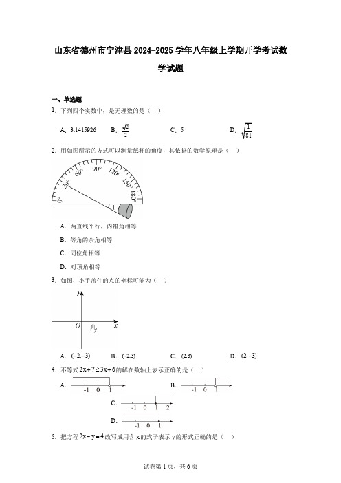 山东省德州市宁津县2024-2025学年八年级上学期开学考试数学试题