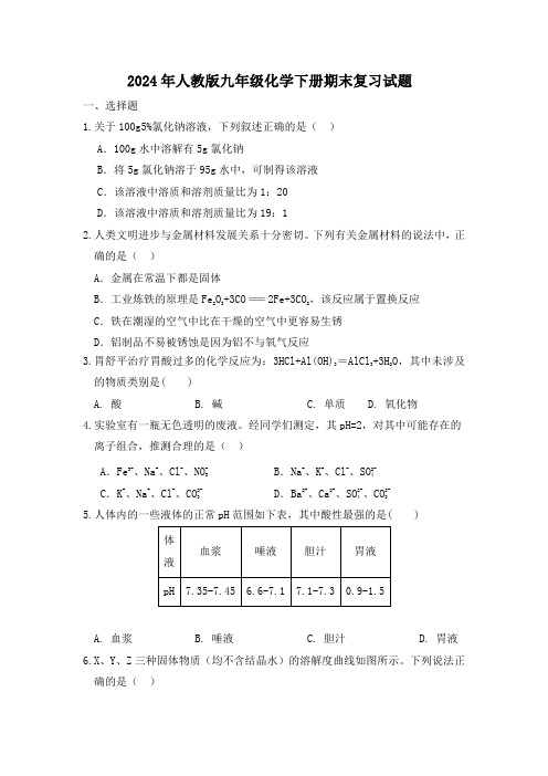 期末复习试题---2023-2024学年九年级化学人教版下册