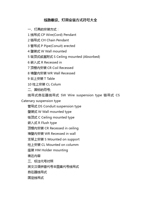 线路敷设、灯具安装方式符号大全