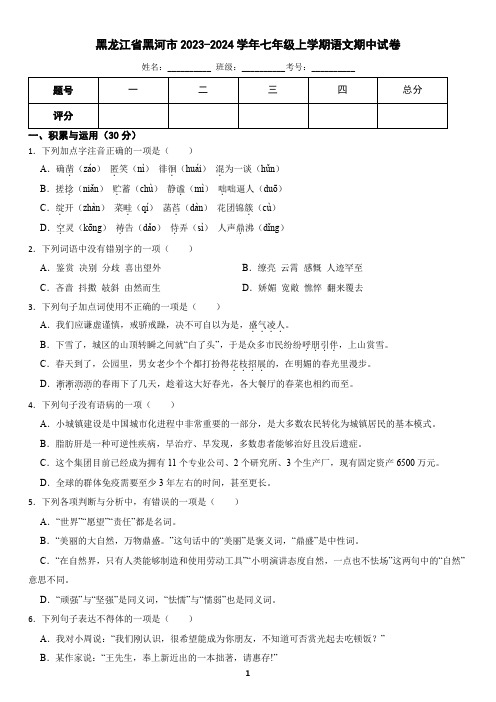 黑龙江省黑河市2023-2024学年七年级上学期语文期中试卷(含答案)