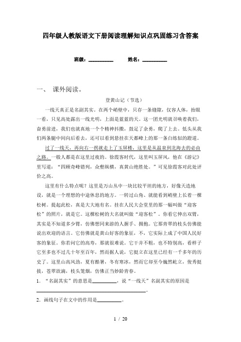 四年级人教版语文下册阅读理解知识点巩固练习含答案