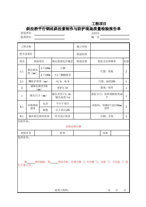 斜拉桥平行钢丝斜拉索制作与防护现场质量检验报告单