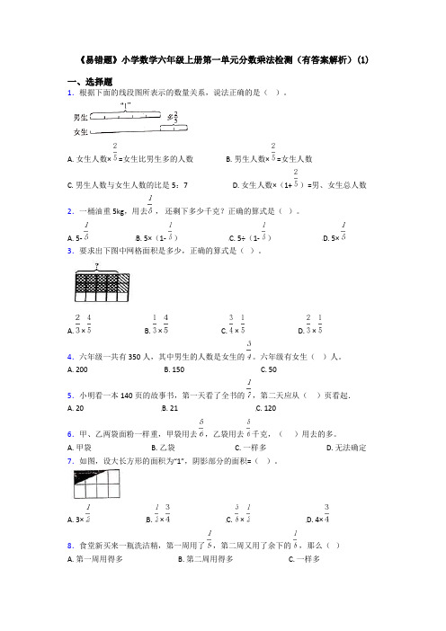 《易错题》小学数学六年级上册第一单元分数乘法检测(有答案解析)(1)