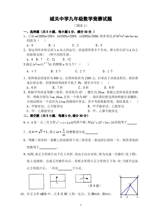 瑞安市城关中学九年级数学竞赛试题(浙教版含答案)