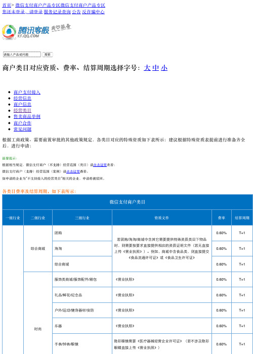 腾讯客服-商户类目对应资质、费率、结算周期