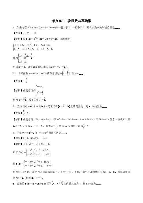 2020年高考数学一轮复习考点07二次函数与幂函数必刷题(含解析)