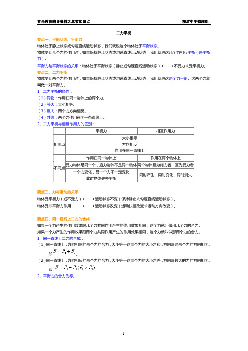 新人教版八年物理下第八单元第二节二力平衡知识点讲解