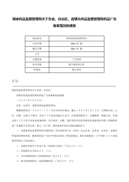 国家药品监督管理局关于各省、自治区、直辖市药品监督管理局药品广告备案情况的通报-