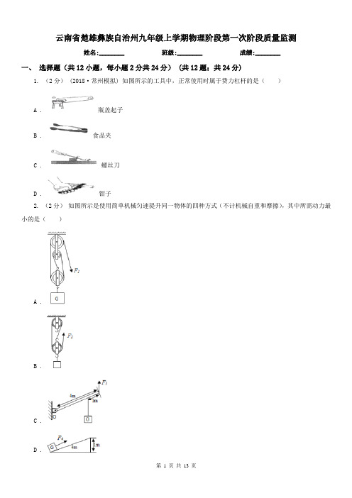 云南省楚雄彝族自治州九年级上学期物理阶段第一次阶段质量监测