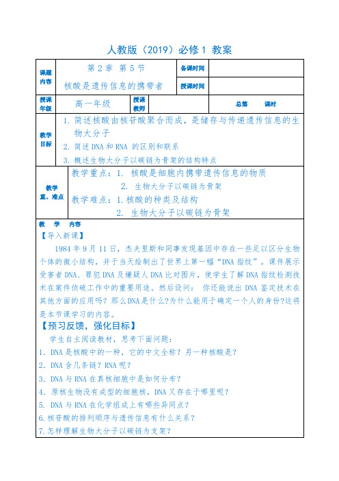 【公开课】核酸是遗传信息的携带者教案高一上学期生物人教版必修一