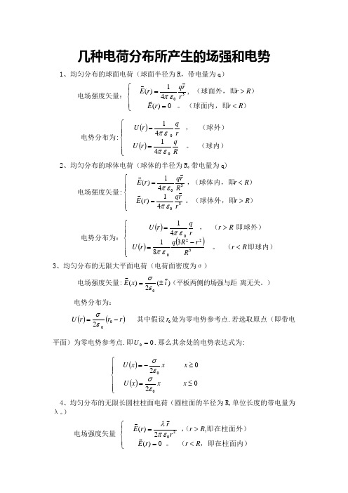 几种典型带电体的场强和电势公式