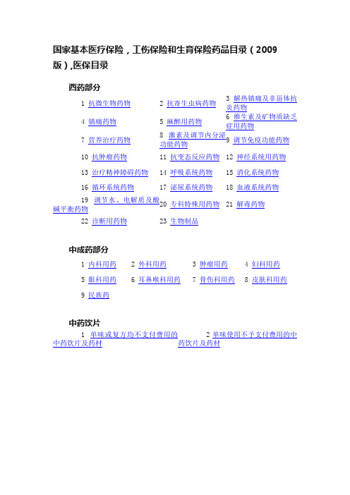 国家基本医疗保险，工伤保险和生育保险药品目录（2009版）,医保目录