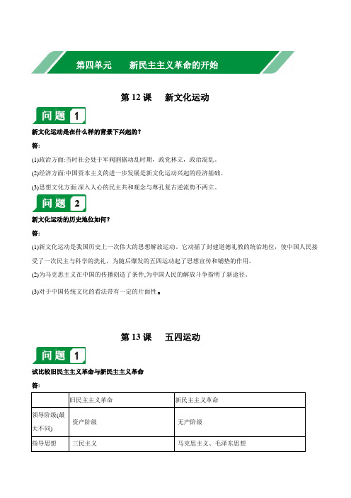 第四单元新民主主义革命的开始-【必背问答题】人教部编版八年级上册历史总复习