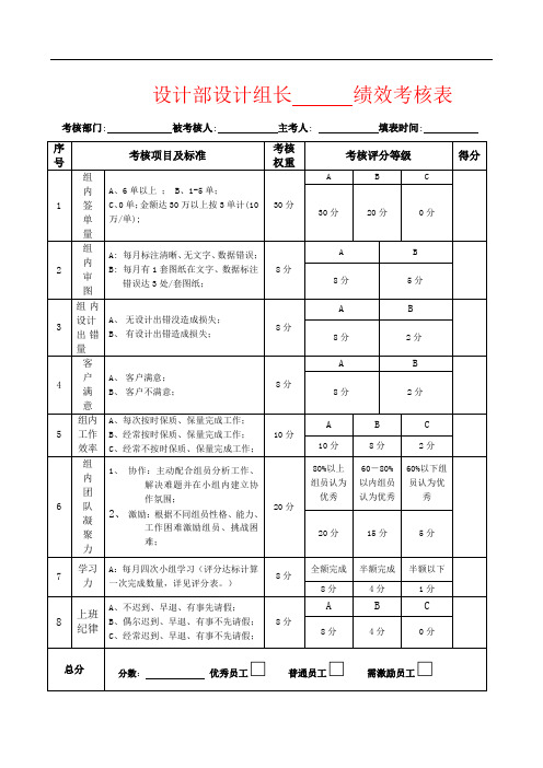 设计部设计组长绩效考核表