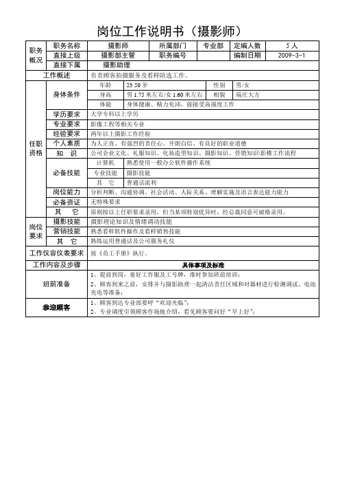 影楼经营管理资料-岗位工作说明书(摄影师)