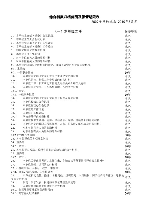 综合档案归档范围及保管期限表